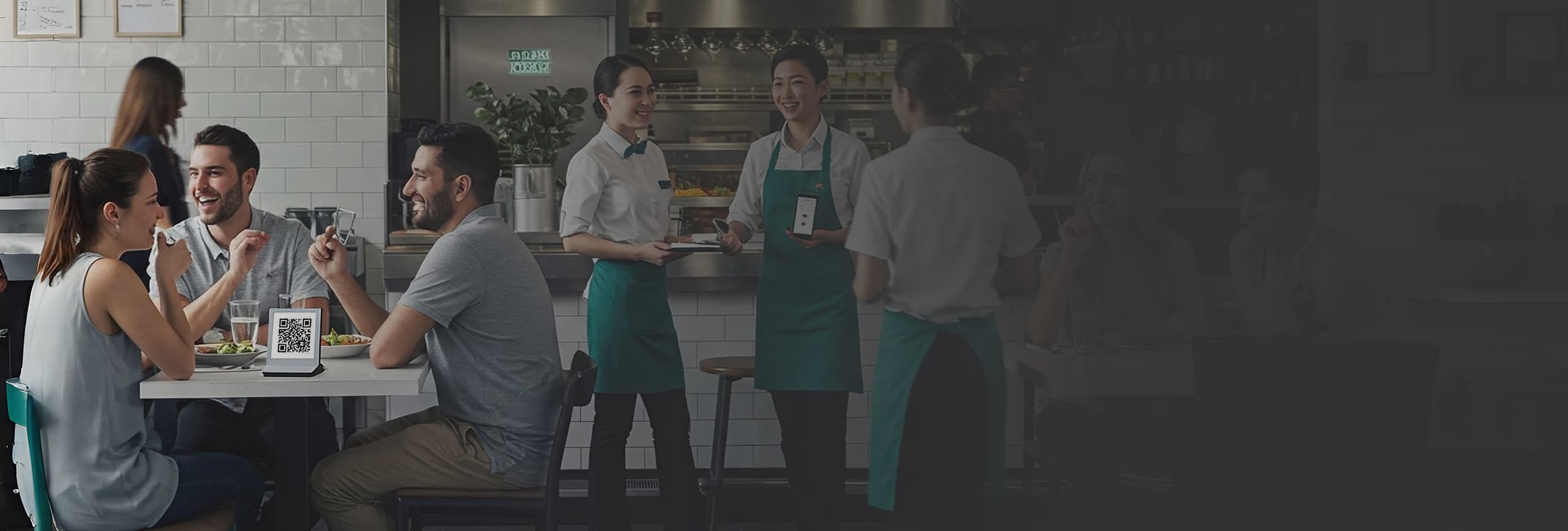 Customers using QR code menu at table, happy customers and staff nearby.